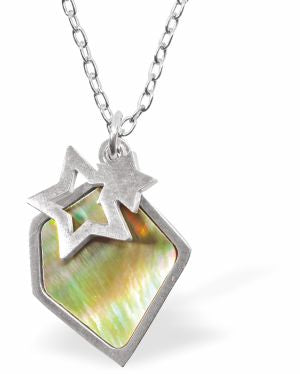 Natural Paua Shell Stars in the Firmament Necklace Hypoallergenic: Rhodium Plated, Nickel, Lead and Cadmium Free Greeny Blue in colour 20mm in size, 18" Rhodium Plated Chain