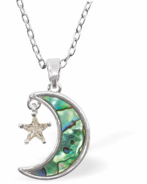 Natural Paua Shell Moon and Star Necklace Hypoallergenic: Rhodium Plated, Nickel, Lead and Cadmium Free Greeny Blue in colour 20mm in size, 18" Rhodium Plated Chain 