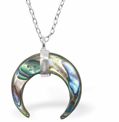 Natural Paua Shell Crescent Moon Necklace Hypoallergenic: Rhodium Plated, Nickel, Lead and Cadmium Free Greeny Blue in colour 25mm in size, 18" Rhodium Plated Chain