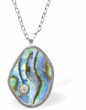 Natural Paua Shell Delicate Drop Necklace Hypoallergenic: Rhodium Plated, Nickel, Lead and Cadmium Free Greeny Blue in colour 15mm in size, 18" Rhodium Plated Chain See matching earrings P510 