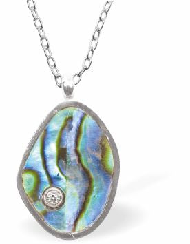 Natural Paua Shell Delicate Drop Necklace Hypoallergenic: Rhodium Plated, Nickel, Lead and Cadmium Free Greeny Blue in colour 15mm in size, 18" Rhodium Plated Chain See matching earrings P510