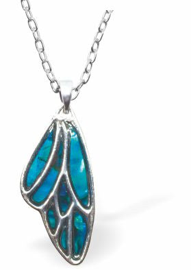 Natural Paua Shell Bee's wing Necklace Hypoallergenic: Rhodium Plated, Nickel, Lead and Cadmium Free Greeny Blue in colour 30mm in size, 18" Rhodium Plated Chain See matching necklace P511 