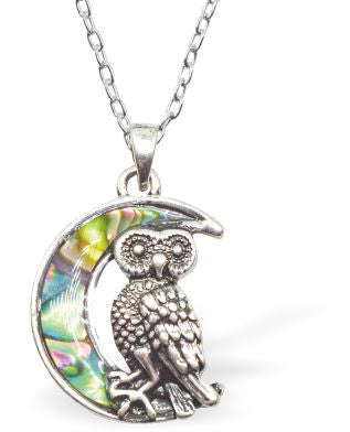 Natural Paua Shell Crescent Moon with Owl Necklace Hypoallergenic: Rhodium Plated, Nickel, Lead and Cadmium Free Greeny Blue in colour 20mm in size, 18" Rhodium Plated Chain 