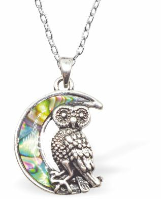 Natural Paua Shell Crescent Moon with Owl Necklace Hypoallergenic: Rhodium Plated, Nickel, Lead and Cadmium Free Greeny Blue in colour 20mm in size, 18" Rhodium Plated Chain