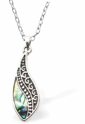 Natural Paua Shell Antique Wave Necklace Hypoallergenic: Rhodium Plated, Nickel, Lead and Cadmium Free Greeny Blue in colour 25mm in size, 18" Rhodium Plated Chain See matching necklace P512 