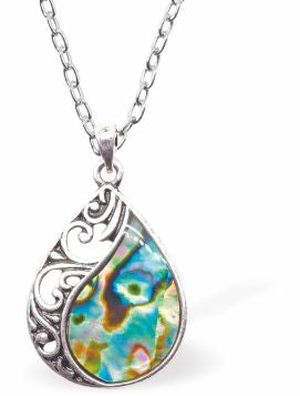 Natural Paua Shell Curved Necklace Hypoallergenic: Rhodium Plated, Nickel, Lead and Cadmium Free Greeny Blue in colour 24mm in size, 18" Rhodium Plated Chain See matching earrings P513