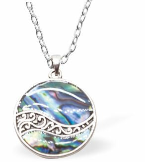 Natural Paua Shell Round Wave Necklace Hypoallergenic: Rhodium Plated, Nickel, Lead and Cadmium Free Greeny Blue in colour 24mm in size, 18" Rhodium Plated Chain See matching earrings P514 