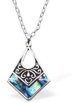 Natural Paua Shell Kite Necklace Hypoallergenic: Rhodium Plated, Nickel, Lead and Cadmium Free Greeny Blue in colour 30mm in size, 18" Rhodium Plated Chain See matching earrings P515