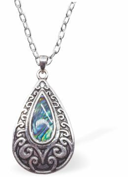 Natural Paua Shell Framed Droplet Necklace Hypoallergenic: Rhodium Plated, Nickel, Lead and Cadmium Free Greeny Blue in colour 30mm in size, 18" Rhodium Plated Chain See matching earrings P516 