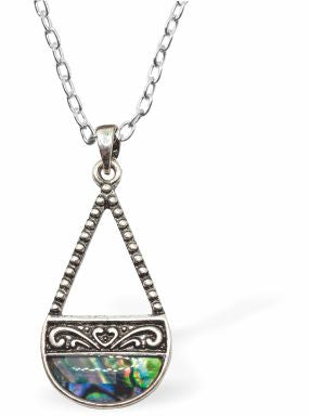 Natural Paua Shell Half Hollow Necklace Hypoallergenic: Rhodium Plated, Nickel, Lead and Cadmium Free Greeny Blue in colour 30mm in size, 18" Rhodium Plated Chain See matching earrings P517