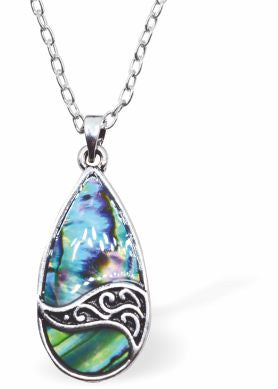 Natural Paua Shell Teardrop Necklace Hypoallergenic: Rhodium Plated, Nickel, Lead and Cadmium Free Greeny Blue in colour 30mm in size, 18" Rhodium Plated Chain See matching earrings P518