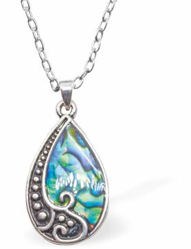 Natural Paua Shell Droplet, Half Framed Necklace Hypoallergenic: Rhodium Plated, Nickel, Lead and Cadmium Free Greeny Blue in colour 25mm in size, 18" Rhodium Plated Chain See matching earrings P521 
