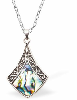 Natural Paua Shell Triangle Necklace Hypoallergenic: Rhodium Plated, Nickel, Lead and Cadmium Free Greeny Blue in colour 30mm in size, 18" Rhodium Plated Chain See matching earrings P522 