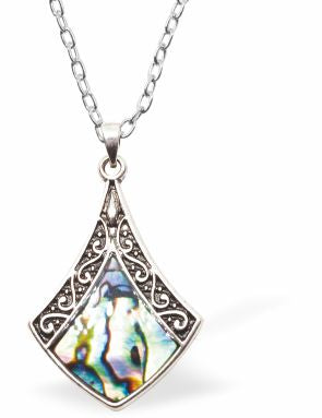 Natural Paua Shell Triangle Necklace Hypoallergenic: Rhodium Plated, Nickel, Lead and Cadmium Free Greeny Blue in colour 30mm in size, 18" Rhodium Plated Chain See matching earrings P522