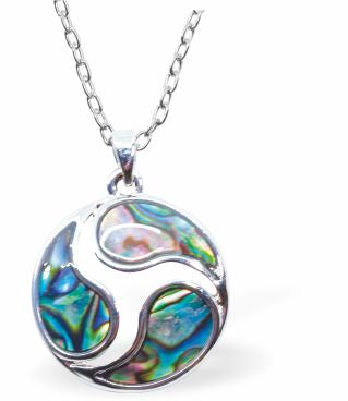 Natural Paua Shell Dolphins Necklace Hypoallergenic: Rhodium Plated, Nickel, Lead and Cadmium Free Greeny Blue in colour 20mm in size, 18" Rhodium Plated Chain See matching earrings P523 