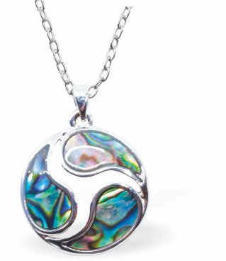 Natural Paua Shell Dolphins Necklace Hypoallergenic: Rhodium Plated, Nickel, Lead and Cadmium Free Greeny Blue in colour 20mm in size, 18" Rhodium Plated Chain See matching earrings P523