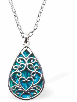 Natural Paua Shell Peardrop with Heart Necklace  Hypoallergenic: Rhodium Plated, Nickel, Lead and Cadmium Free Greeny Blue in colour 30mm in size, 18" Rhodium Plated Chain See matching earrings P529