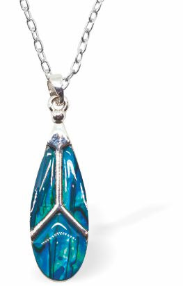 Natural Paua Shell Triskelion Necklace Hypoallergenic: Rhodium Plated, Nickel, Lead and Cadmium Free Greeny Blue in colour 30mm in size, 18" Rhodium Plated Chain See matching earrings P525