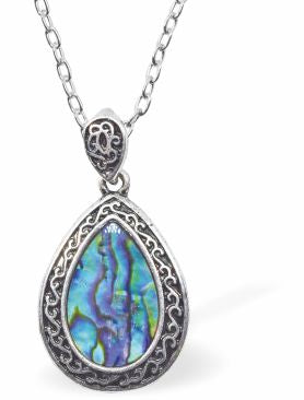 Natural Paua Shell Celtic Framed Teardrop Necklace Hypoallergenic: Rhodium Plated, Nickel, Lead and Cadmium Free Greeny Blue in colour 30mm in size, 18" Rhodium Plated Chain 
