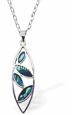 Natural Paua Shell Chic Droplet Necklace Hypoallergenic: Rhodium Plated, Nickel, Lead and Cadmium Free Greeny Blue in colour 35mm in size, 18" Rhodium Plated Chain See matching earrings P528 