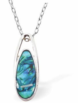 Natural Paua Shell Droplet Necklace Hypoallergenic: Rhodium Plated, Nickel, Lead and Cadmium Free Greeny Blue in colour 30mm in size, 18" Rhodium Plated Chain See matching earrings P529