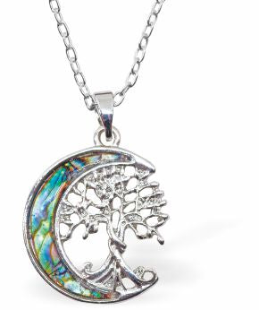 Natural Paua Shell Tree of Life in the Moon Necklace Hypoallergenic: Rhodium Plated, Nickel, Lead and Cadmium Free Greeny Blue in colour 20mm in size, 18" Rhodium Plated Chain See matching earrings P530 