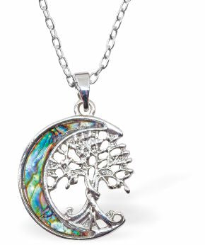 Natural Paua Shell Tree of Life in the Moon Necklace Hypoallergenic: Rhodium Plated, Nickel, Lead and Cadmium Free Greeny Blue in colour 20mm in size, 18" Rhodium Plated Chain See matching earrings P530