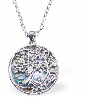 Natural Paua Shell Tree of Life with Crescent Moon Necklace Hypoallergenic: Rhodium Plated, Nickel, Lead and Cadmium Free Greeny Blue in colour 25mm in size, 18" Rhodium Plated Chain See matching earrings P531