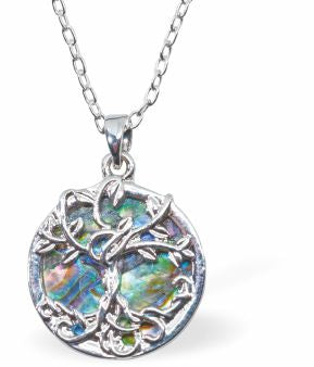Natural Paua Shell Twisted Tree of Life Necklace Hypoallergenic: Rhodium Plated, Nickel, Lead and Cadmium Free Greeny Blue in colour 20mm in size, 18" Rhodium Plated Chain See matching earrings P532