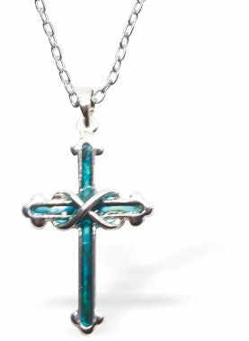 Natural Paua Shell Cross Necklace Hypoallergenic: Rhodium Plated, Nickel, Lead and Cadmium Free Greeny Blue in colour 30mm in size, 18" Rhodium Plated Chain 