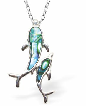 Natural Paua Shell Dolphins Necklace Hypoallergenic: Rhodium Plated, Nickel, Lead and Cadmium Free Greeny Blue in colour 25mm in size, 18" Rhodium Plated Chain 