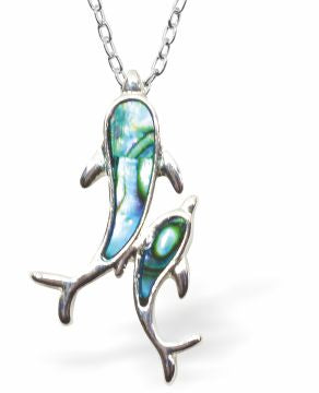 Natural Paua Shell Dolphins Necklace Hypoallergenic: Rhodium Plated, Nickel, Lead and Cadmium Free Greeny Blue in colour 25mm in size, 18" Rhodium Plated Chain