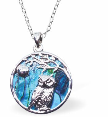 Natural Paua Shell Night Owl Necklace Hypoallergenic: Rhodium Plated, Nickel, Lead and Cadmium Free Greeny Blue in colour 25mm in size, 18" Rhodium Plated Chain 