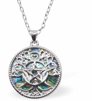 Natural Paua Shell Celtic Sun Necklace Hypoallergenic: Rhodium Plated, Nickel, Lead and Cadmium Free Greeny Blue in colour 25mm in size, 18" Rhodium Plated Chain See matching earrings P533 