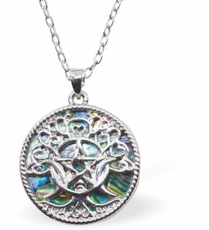 Natural Paua Shell Celtic Sun Necklace Hypoallergenic: Rhodium Plated, Nickel, Lead and Cadmium Free Greeny Blue in colour 25mm in size, 18" Rhodium Plated Chain See matching earrings P533