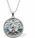 Natural Paua Shell Celtic Sun Necklace Hypoallergenic: Rhodium Plated, Nickel, Lead and Cadmium Free Greeny Blue in colour 25mm in size, 18" Rhodium Plated Chain See matching earrings P533 
