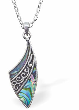 Natural Paua Shell Sails Necklace Hypoallergenic: Rhodium Plated, Nickel, Lead and Cadmium Free Greeny Blue in colour 30mm in size, 18" Rhodium Plated Chain See matching earrings P534 