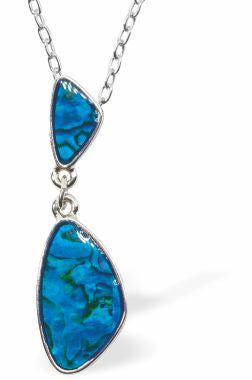 Natural Paua Shell Doubledrop Necklace Hypoallergenic: Rhodium Plated, Nickel, Lead and Cadmium Free Greeny Blue in colour 40mm in size, 18" Rhodium Plated Chain See matching earrings P535 