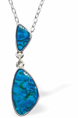 Natural Paua Shell Doubledrop Necklace Hypoallergenic: Rhodium Plated, Nickel, Lead and Cadmium Free Greeny Blue in colour 40mm in size, 18" Rhodium Plated Chain See matching earrings P535