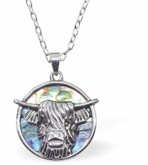 Natural Paua Shell Long Horn Highland Cow Necklace Hypoallergenic: Rhodium Plated, Nickel, Lead and Cadmium Free Greeny Blue in colour 20mm in size, 18" Rhodium Plated Chain See matching earrings P537 