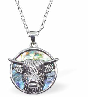 Natural Paua Shell Long Horn Highland Cow Necklace Hypoallergenic: Rhodium Plated, Nickel, Lead and Cadmium Free Greeny Blue in colour 20mm in size, 18" Rhodium Plated Chain See matching earrings P537