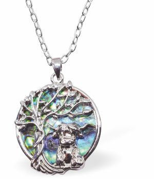 Natural Paua Shell Tree of Life with Highland Cow Necklace Hypoallergenic: Rhodium Plated, Nickel, Lead and Cadmium Free Greeny Blue in colour 22mm in size, 18" Rhodium Plated Chain See matching earrings P538