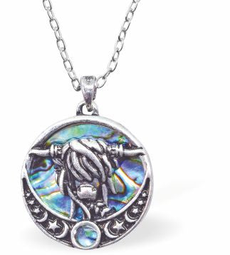 Natural Paua Shell Kyloe Highland Cow Necklace Hypoallergenic: Rhodium Plated, Nickel, Lead and Cadmium Free Greeny Blue in colour 22mm in size, 18" Rhodium Plated Chain See matching earrings P539 