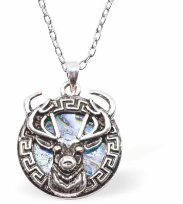 Natural Paua Shell Round Necklace with Stag Hypoallergenic: Rhodium Plated, Nickel, Lead and Cadmium Free Greeny Blue in colour 24mm in size, 18" Rhodium Plated Chain