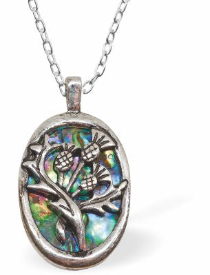 Natural Paua Shell Oval Necklace with Thistle Hypoallergenic: Rhodium Plated, Nickel, Lead and Cadmium Free Greeny Blue in colour 24mm in size, 18" Rhodium Plated Chain