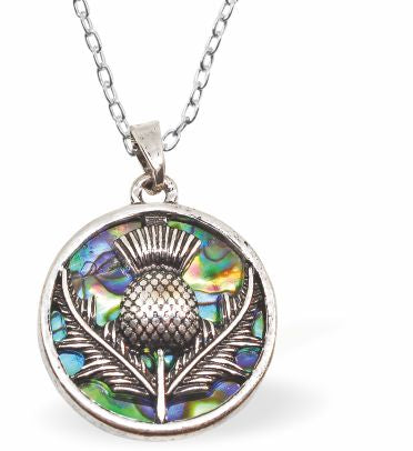 Natural Paua Shell Round Necklace with Thistle Hypoallergenic: Rhodium Plated, Nickel, Lead and Cadmium Free Greeny Blue in colour 24mm in size, 18" Rhodium Plated Chain