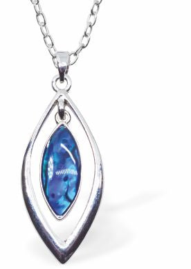 Natural Paua Shell Oval Drop Necklace Hypoallergenic: Rhodium Plated, Nickel, Lead and Cadmium Free Greeny Blue in colour 30mm in size, 18" Rhodium Plated Chain See matching earrings P540