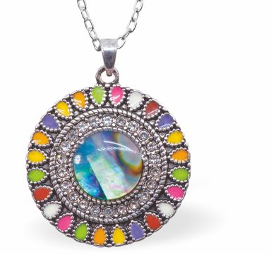 Natural Paua Shell Circular Multi Coloured Necklace Hypoallergenic: Rhodium Plated, Nickel, Lead and Cadmium Free Greeny Blue in colour 25mm in size, 18" Rhodium Plated Chain