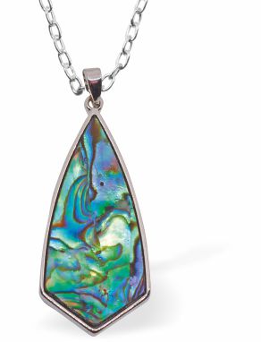 Natural Paua Shell Elongated Drop Necklace Hypoallergenic: Rhodium Plated, Nickel, Lead and Cadmium Free Greeny Blue in colour 35mm in size, 18" Rhodium Plated Chain 