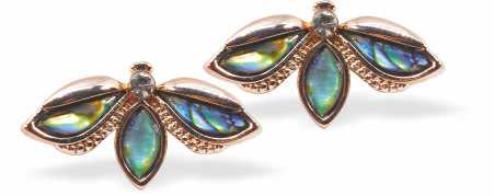 Bright Warm Rose Gold Paua Shell Encrusted Fluttering Bee Stud Earrings by Byzantium.